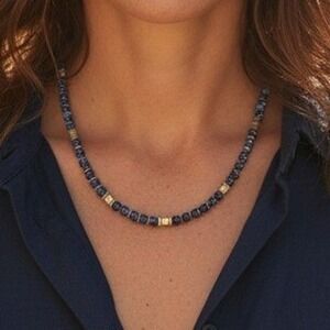 Blue Sodalite Stone Beaded Necklace Gold Tone Toggle Clasp Minimalist